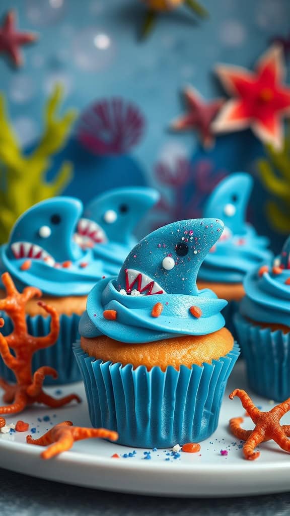 Shark Fin Cupcakes decorated with blue frosting and shark fins, perfect for an underwater party theme.