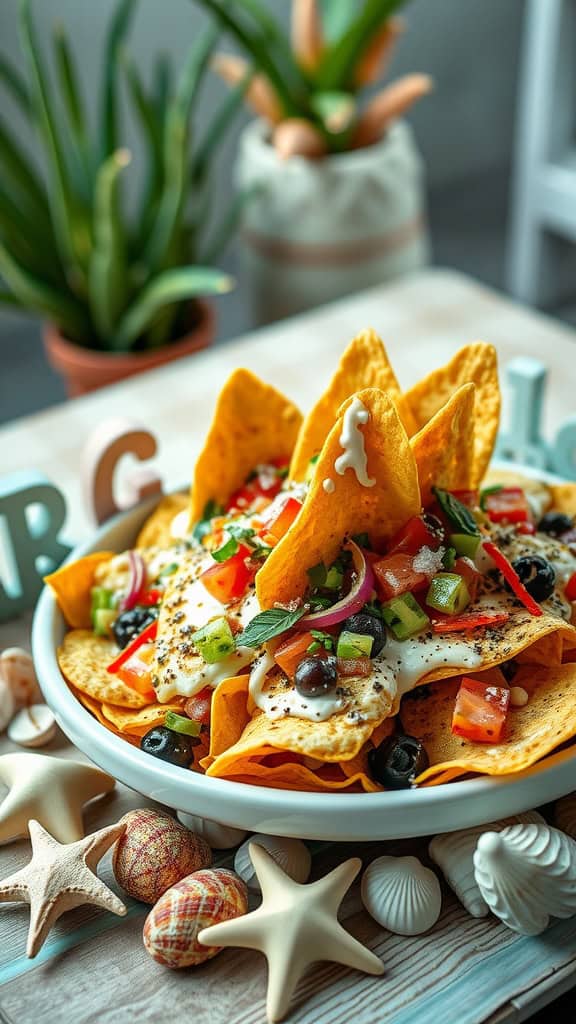 A vibrant serving of Shark Fin Nachos topped with fresh ingredients, perfect for a party.