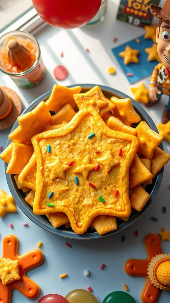 A bowl filled with star-shaped cheese crackers decorated with colorful sprinkles.