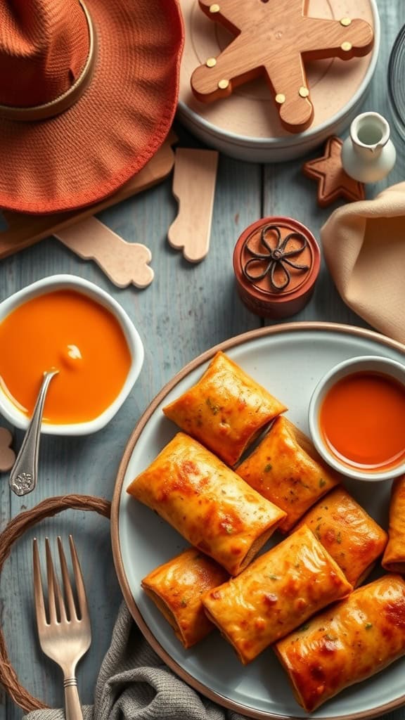 A plate of freshly baked sausage rolls, perfect for a cowboy party.