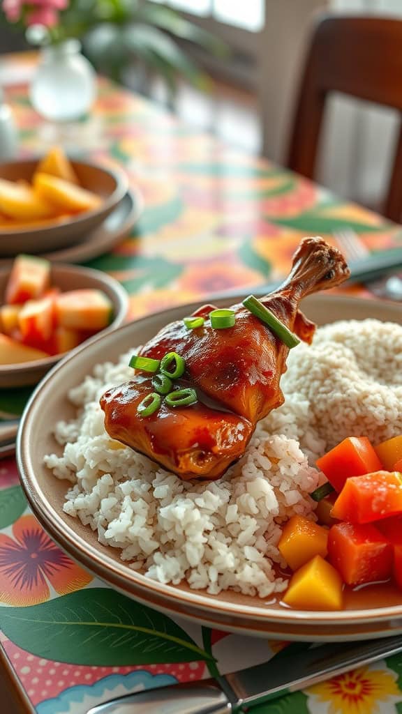 A plate of shoyu chicken served with rice and chopped vegetables.