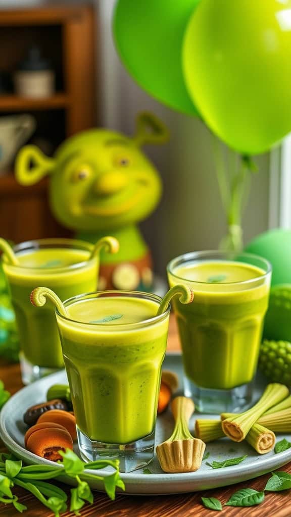 Three green smoothies in glasses with playful decorations, featuring Shrek-themed elements in the background.