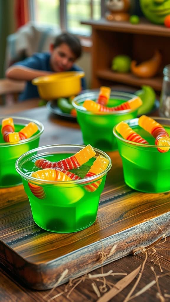 Green jello cups topped with gummy worms on a wooden tray, with a child in the background preparing more snacks.