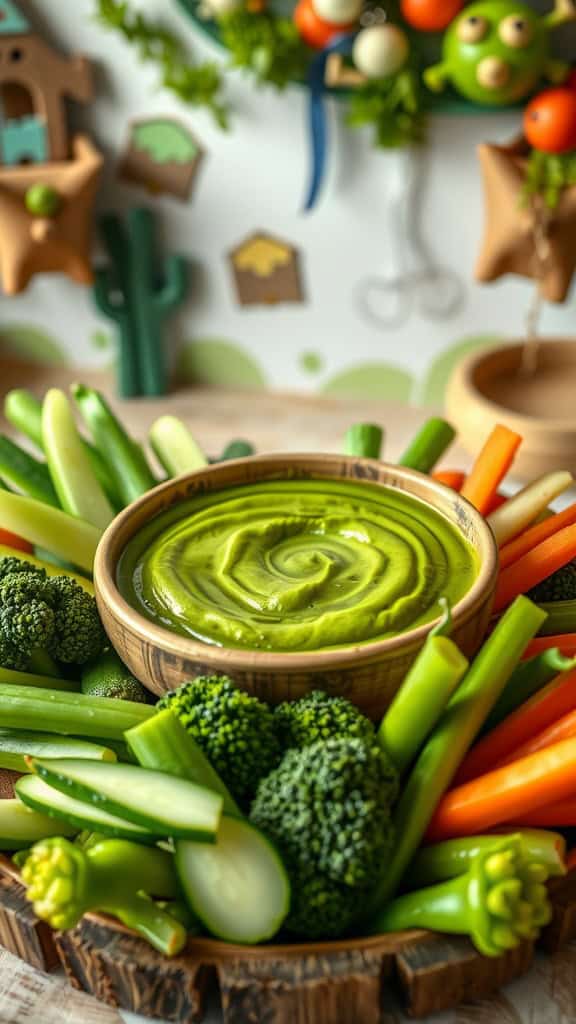 A colorful veggie platter with green vegetables and a creamy green dip in the center, inspired by Shrek's swamp.