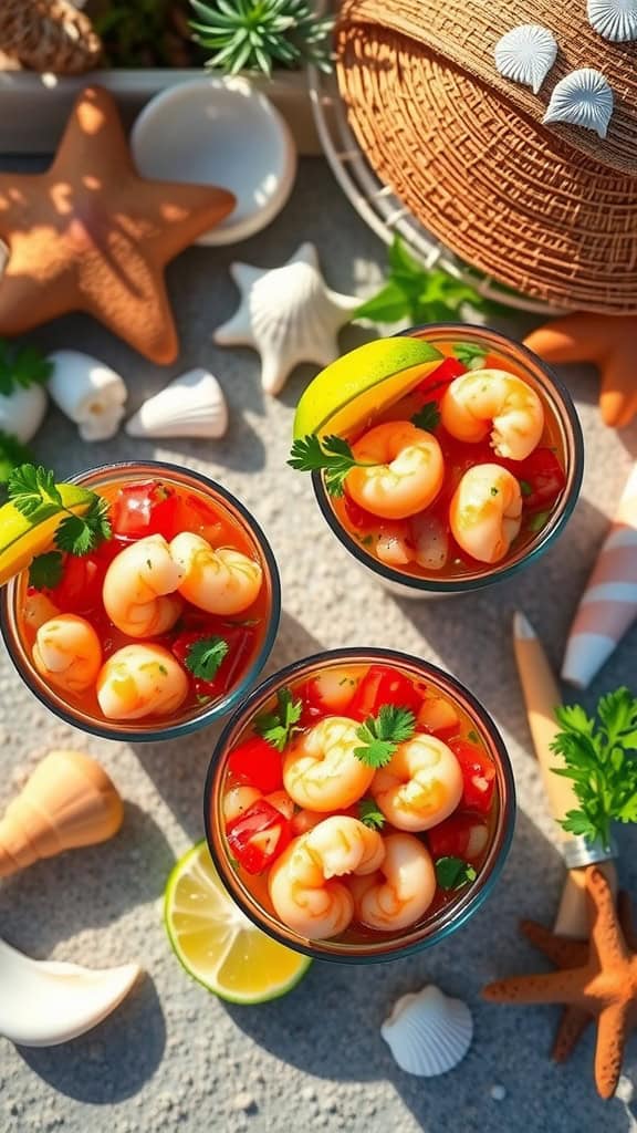 Fresh shrimp ceviche cups garnished with lime and cilantro, served with tortilla chips.