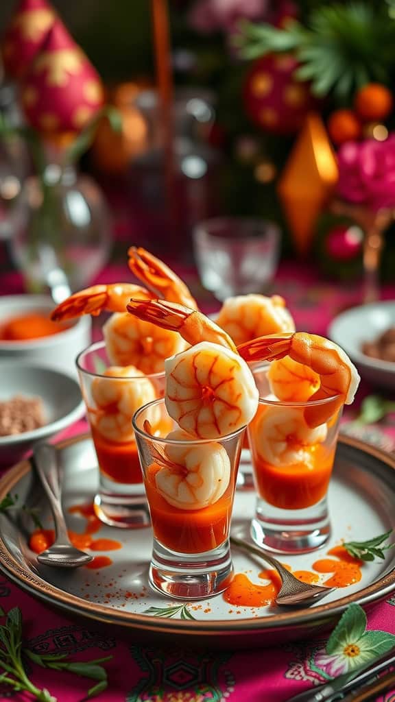 Shrimp cocktail shooter cups with shrimp and cocktail sauce