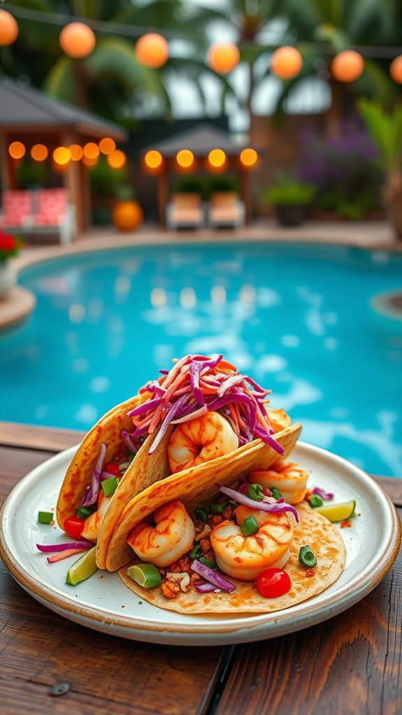 Delicious shrimp tacos with slaw on a plate, perfect for a summer party.