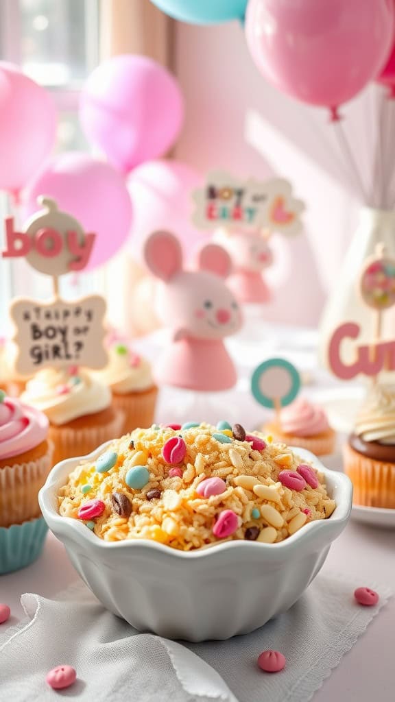 Colorful rice cereal treats decorated with pastel candies on a dessert table.