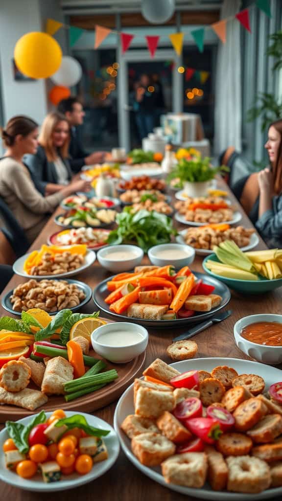 A spread of colorful finger foods including vegetables and dips on a table.