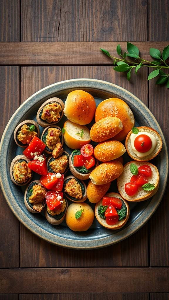 A plate showcasing an assortment of finger foods, including stuffed pastry cups and small rolls.