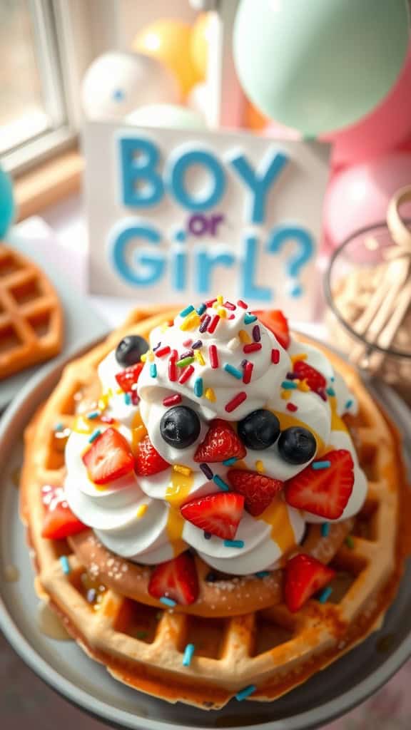 A delicious waffle bar setup for a gender reveal party with various toppings.