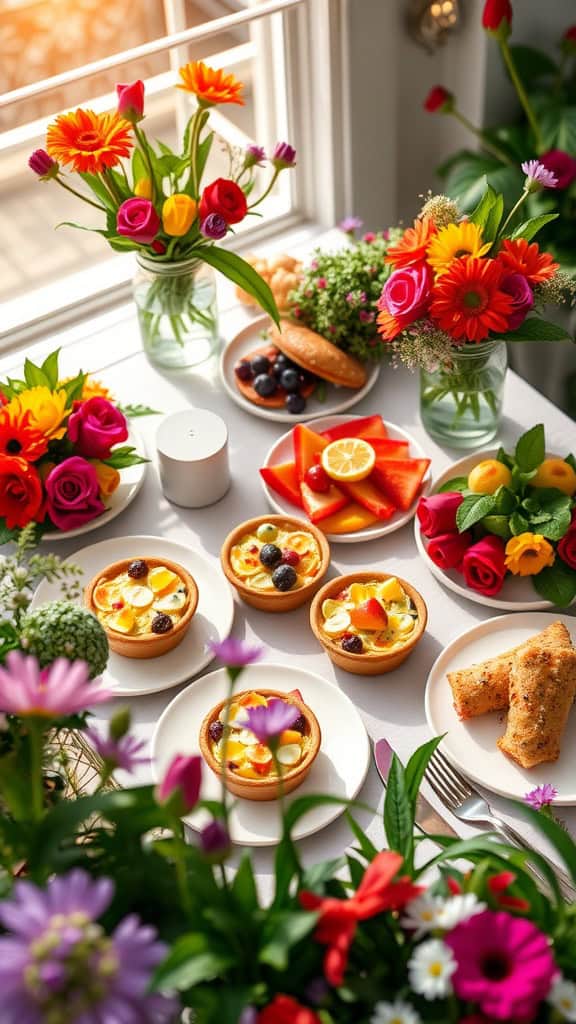 A colorful fruit tart surrounded by fresh flowers, perfect for a garden-themed brunch.