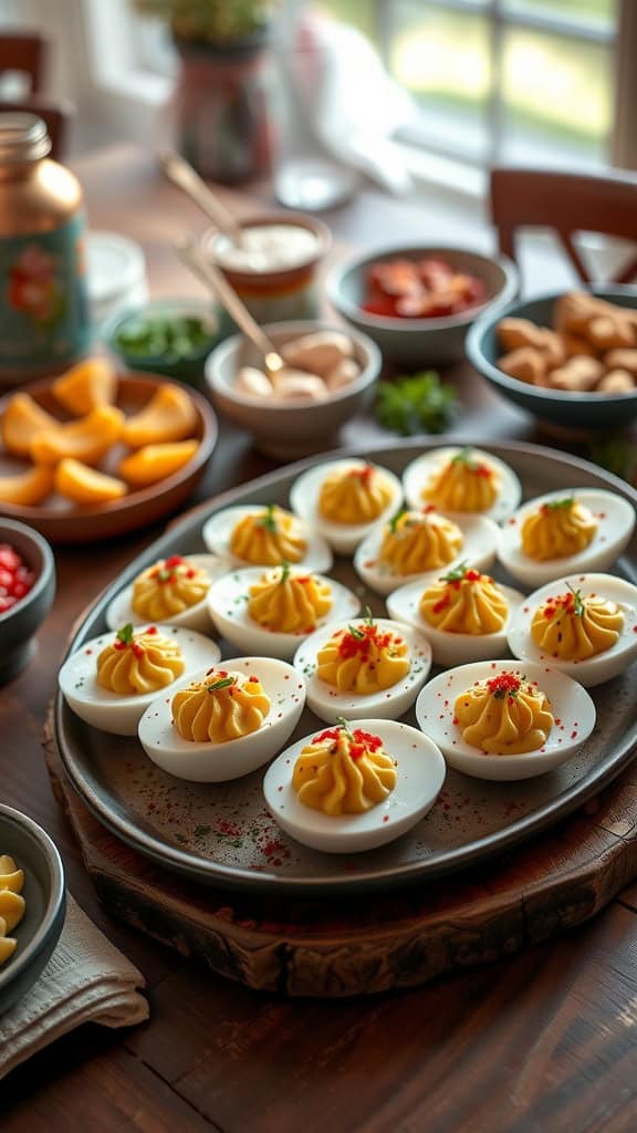 Plate of classic deviled eggs garnished with paprika and fresh herbs