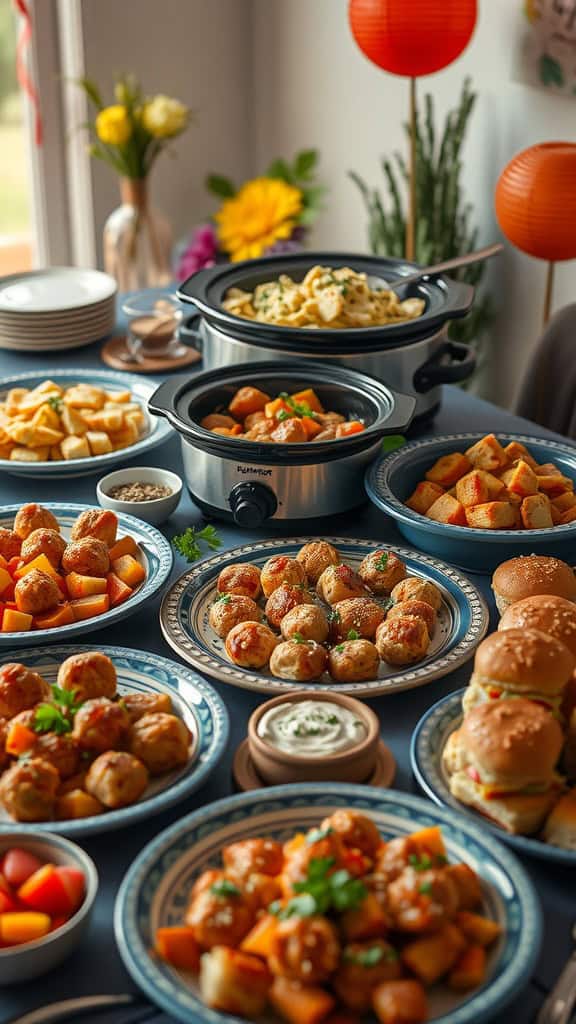 A variety of crockpot appetizers and side dishes laid out on a table.