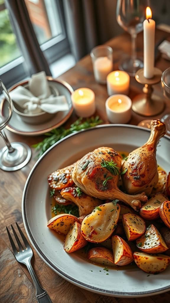 A beautifully plated dish of herb-roasted chicken served with garlic potatoes, perfect for a dinner party.