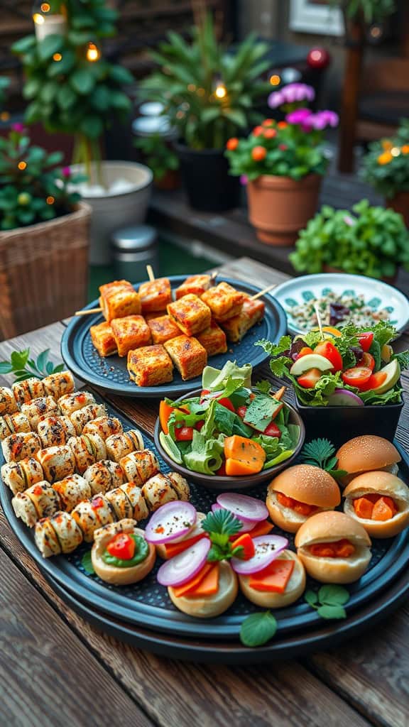 A variety of finger foods including sliders, veggie rolls, and salads for a backyard BBQ engagement party.