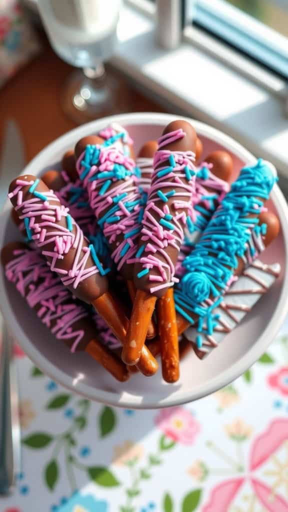 Plate of chocolate-dipped pretzels decorated with blue and pink sprinkles.