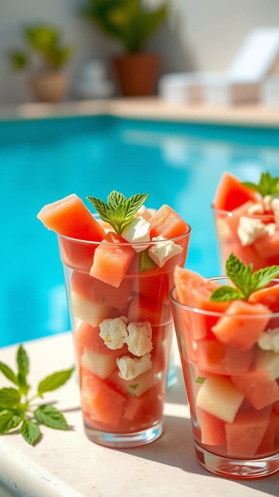 Colorful watermelon salad in clear cups with feta and mint.