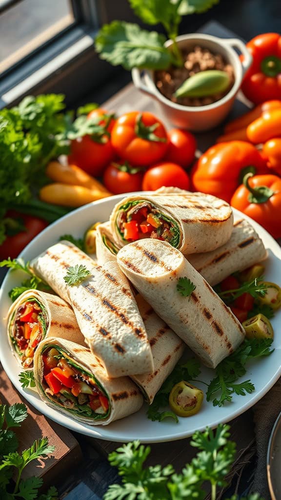 Grilled veggie and hummus wraps on a plate with fresh vegetables in the background.