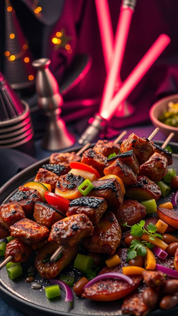 Sith Skewers with grilled chicken and colorful vegetables on a dark setting