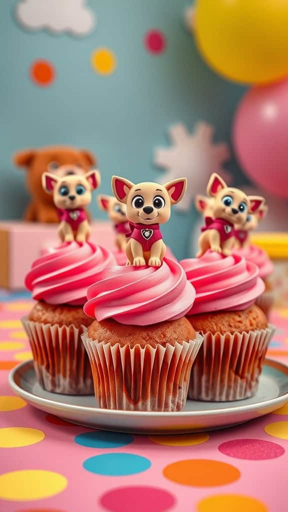 Pink cupcakes decorated with Skye figurines for a Paw Patrol party.