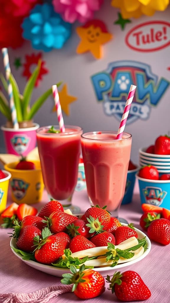 A vibrant strawberry smoothie station with fresh strawberries and colorful cups.