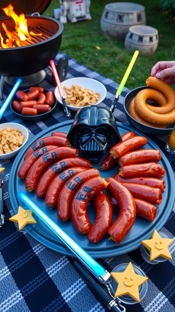 Skywalker Sausages, a fun Star Wars-themed party food idea, featuring sausages wrapped in pastry and decorated to resemble characters.