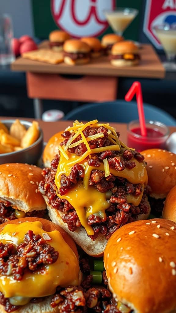 Sloppy Joe sliders with melted cheese on a plate for a baseball party.