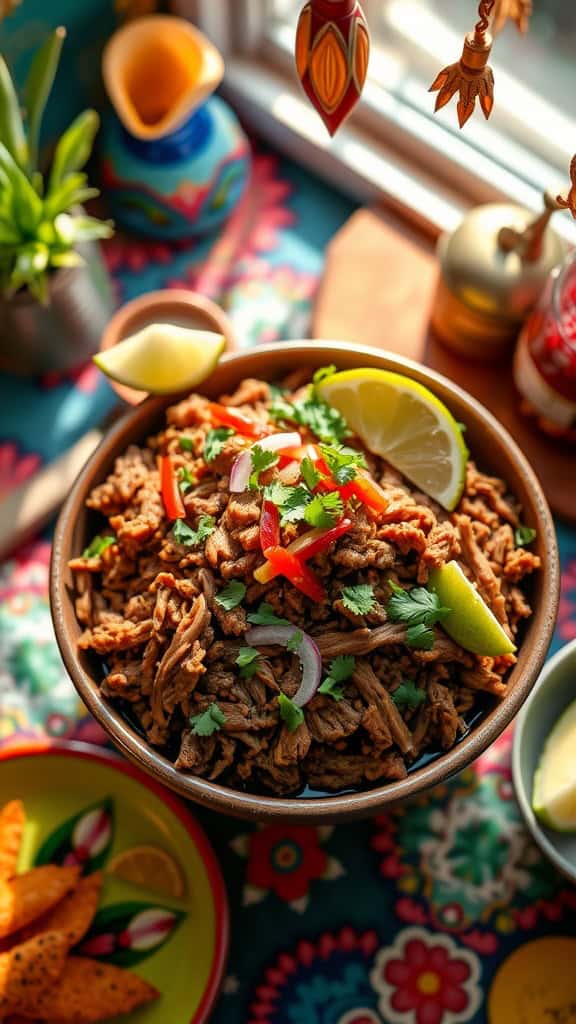 A bowl of slow-cooked Mexican shredded beef garnished with fresh cilantro and lime, ideal for Cinco de Mayo.