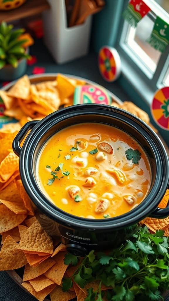 A bowl of creamy queso dip surrounded by tortilla chips and garnished with cilantro