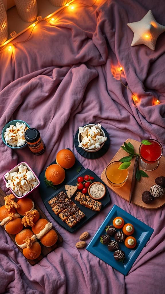 A variety of snacks including popcorn, cookies, fruit, and candies arranged on a blanket for a slumber party.