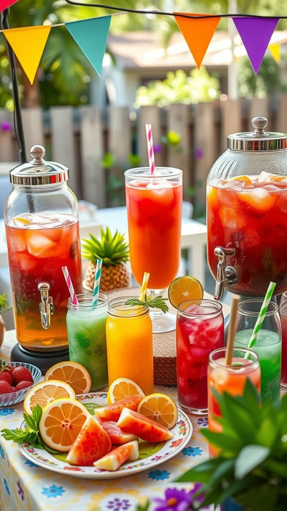 A vibrant display of slushies and mocktails with fresh fruits, colorful straws, and a cheerful party atmosphere.