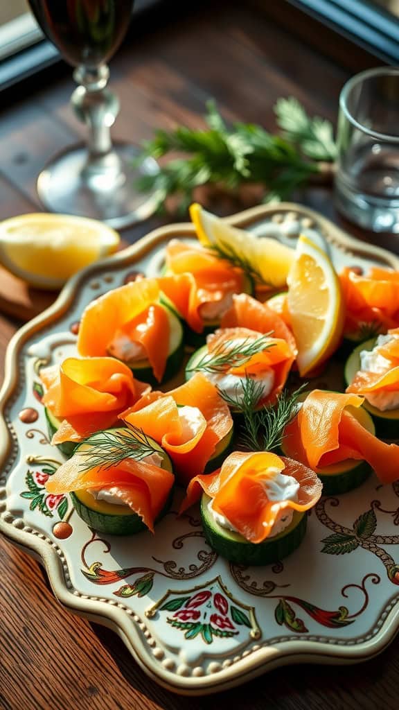 Smoked salmon and cream cheese cucumber rounds on a decorative platter