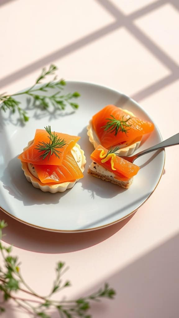 Plate of smoked salmon and cream cheese tartlets garnished with dill.