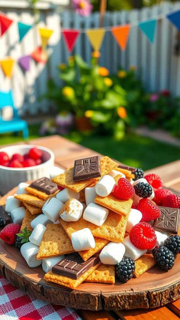 A colorful S'Mores platter with graham crackers, chocolate, marshmallows, and fresh berries.