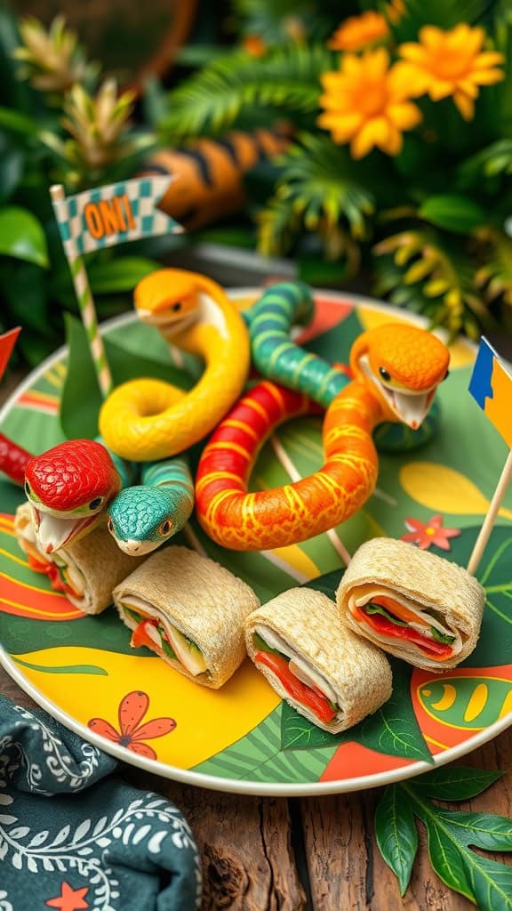 Creative jungle-themed snake sandwich rolls arranged on a platter.