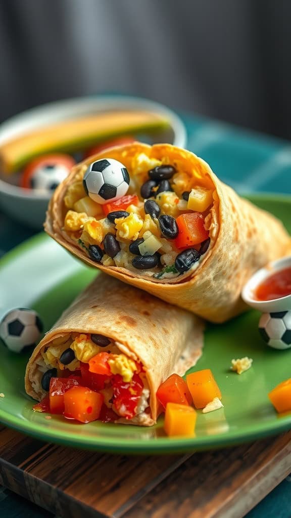 Delicious soccer-themed breakfast burritos on a plate.