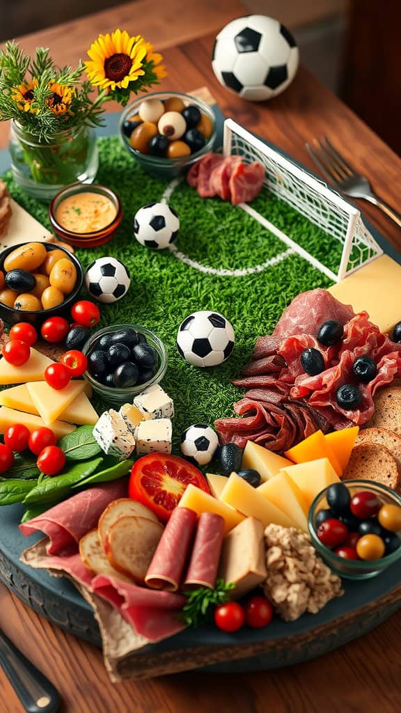 A vibrant soccer-themed charcuterie board featuring an assortment of meats, cheeses, olives, and vegetables arranged to resemble a soccer field.