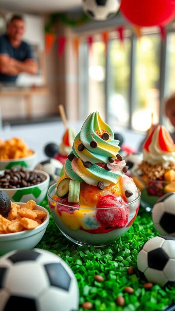 A colorful ice cream sundae bar set up for a soccer-themed party