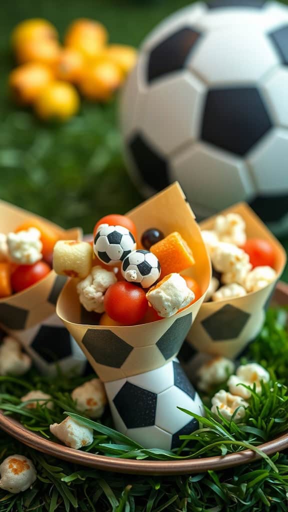 Colorful soccer-themed snack cones filled with popcorn, cherry tomatoes, and fruit.