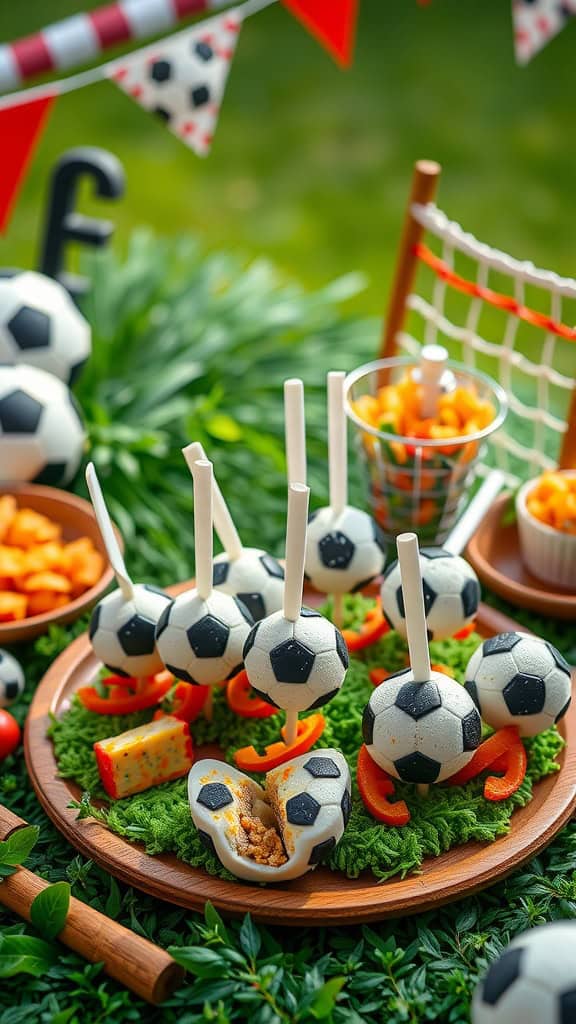 Soccer Ball Cake Pops displayed on a platter, ideal for a soccer-themed party.