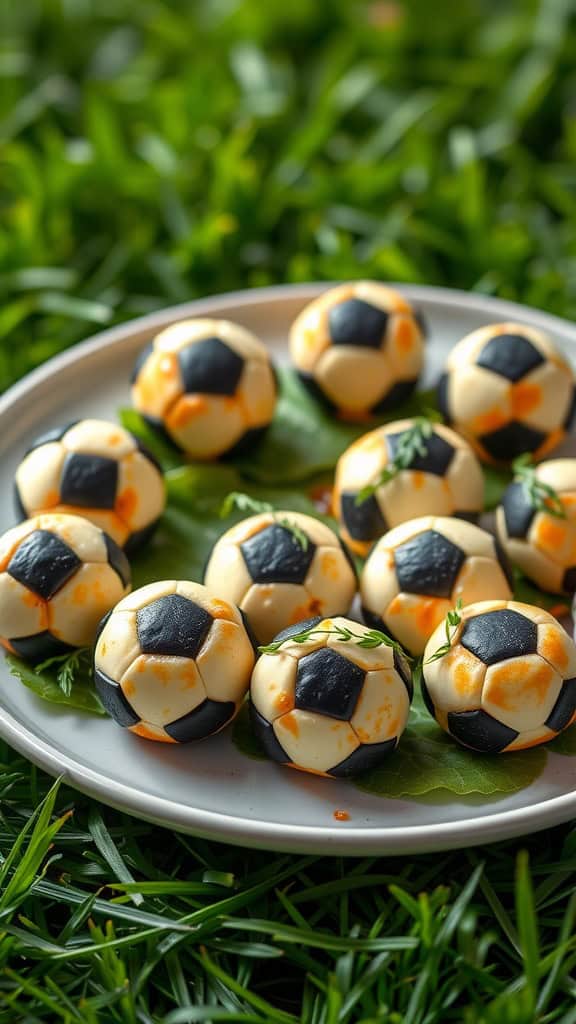 Plate of soccer ball cheese bites garnished with herbs.