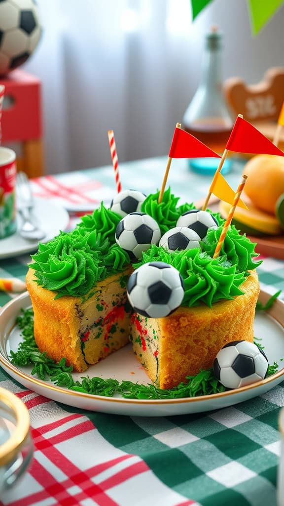 A colorful soccer-themed cupcake pull-apart cake decorated with green frosting, mini soccer balls, and flags.