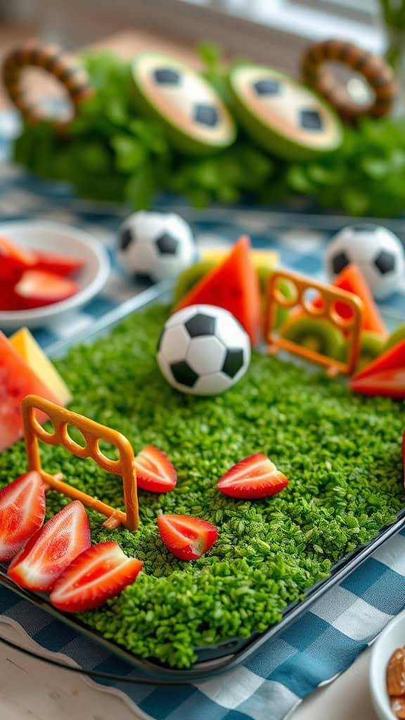 A colorful fruit platter designed to look like a soccer field, featuring various fruits arranged creatively.