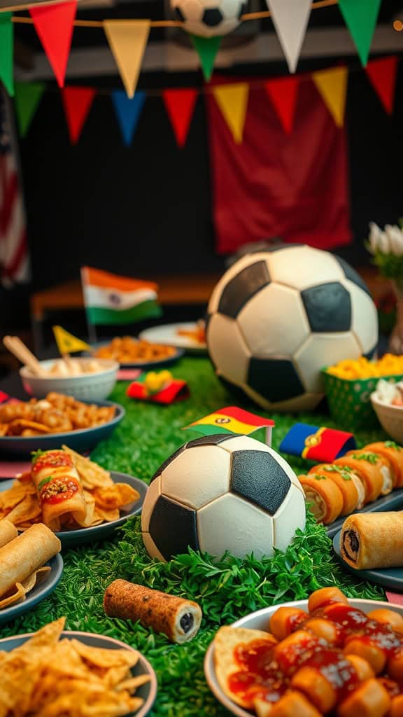 A soccer party food table featuring various snacks and dishes.