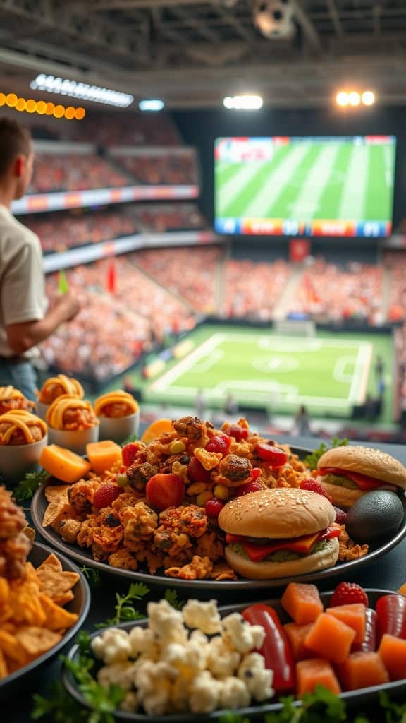 A vibrant and colorful setup of snacks arranged like a stadium for a soccer party.