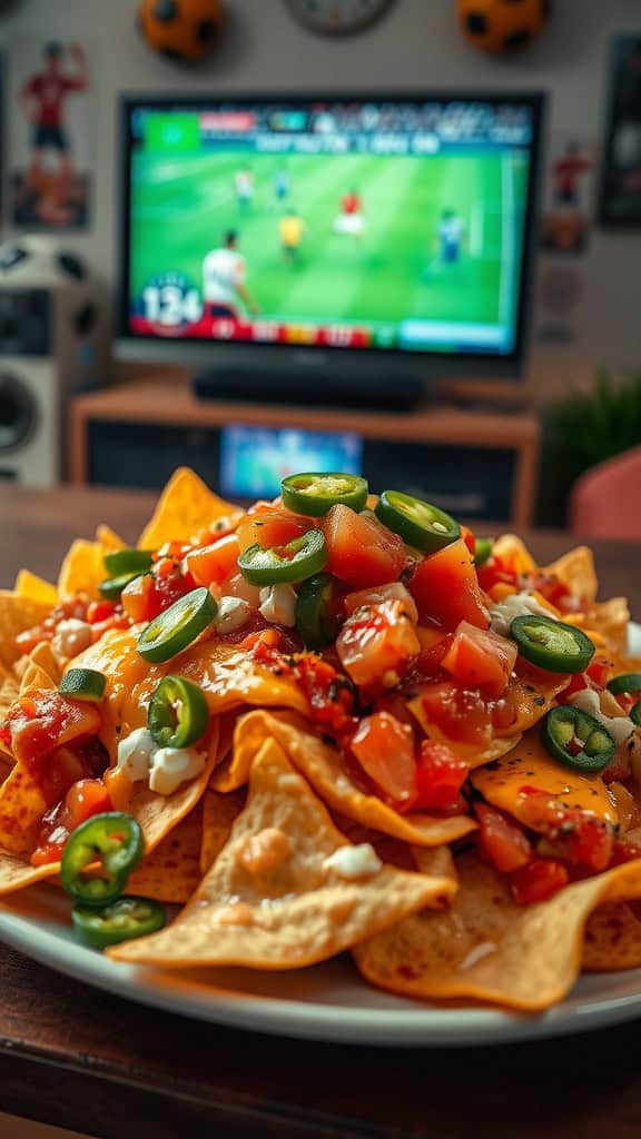 A plate of delicious nachos topped with cheese, tomatoes, jalapeños, and garnished with sour cream and guacamole.