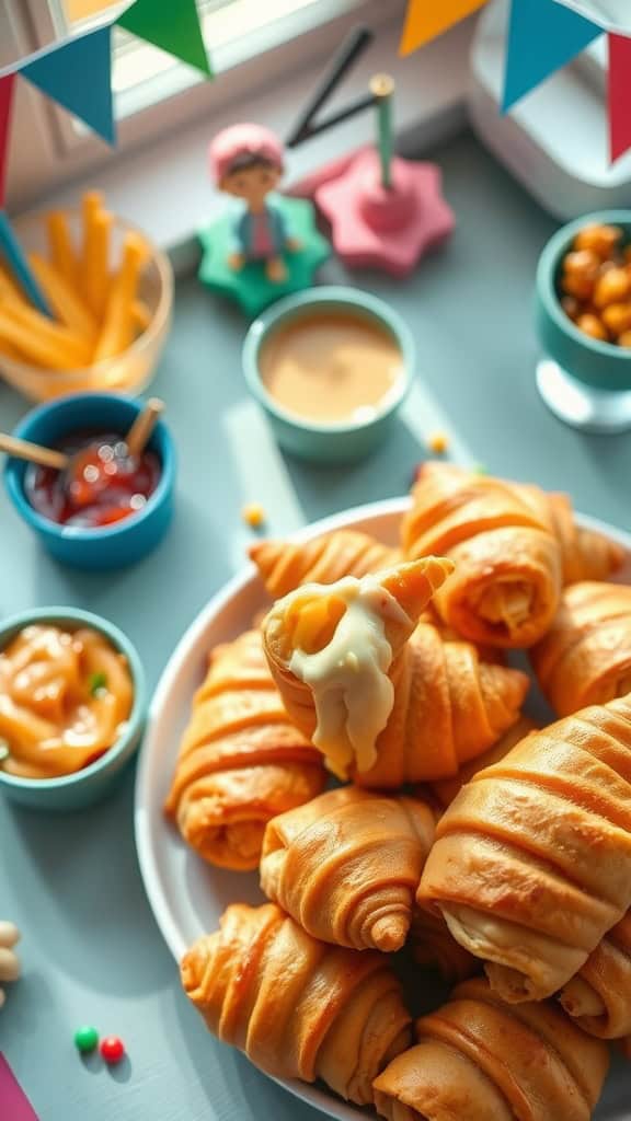 Plate of cheesy crescent roll twists with dipping sauces