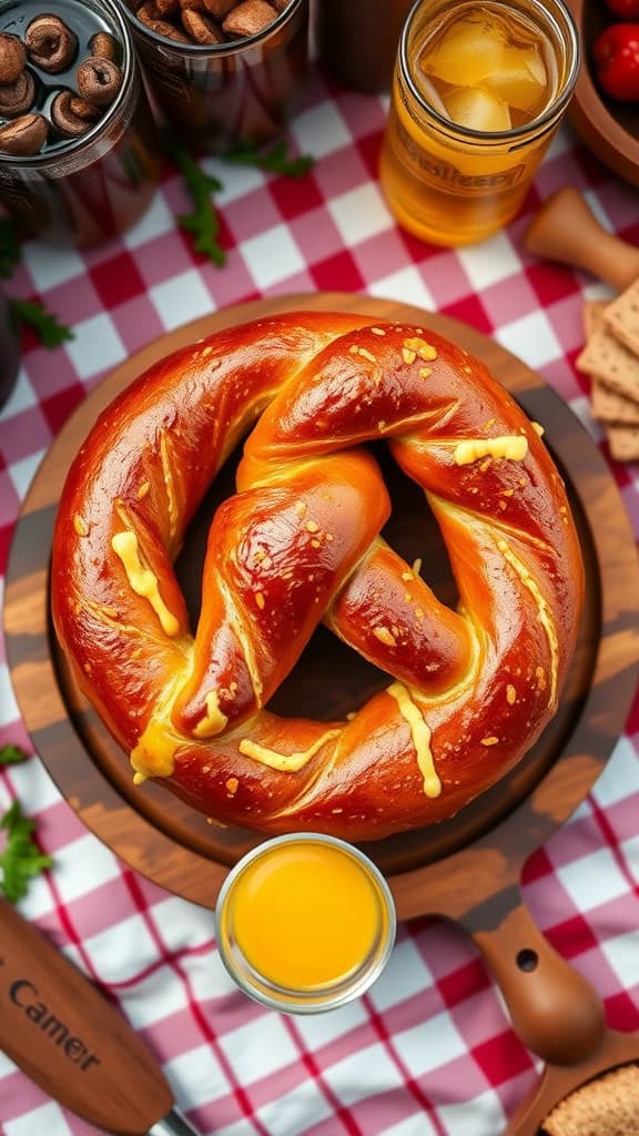 Soft pretzels with mustard on a wooden plate.