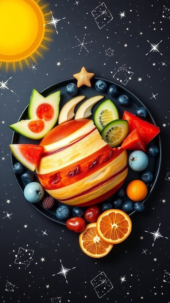 A colorful platter of fruits shaped like planets, arranged creatively for a space-themed party.